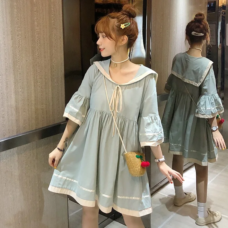 Лето, новинка, большие размеры, милое женское платье в японском стиле Mori Girl, однотонное, хлопковое, короткий рукав, кукольный воротник, свободное, Повседневное платье