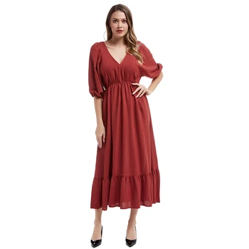 

Bikitique Elegant Vintage Lantern Sleeve Dress V-Neck Slim Lace Up Party Dress Women Ruffle Loose Dress Banquet Vestidos