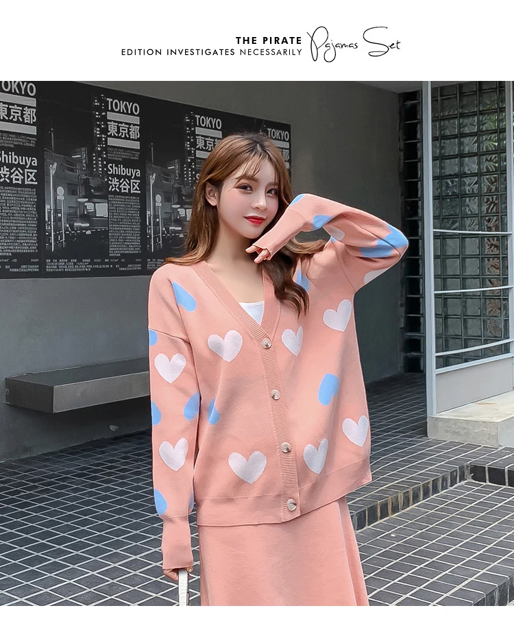 Autumn Winter Women Elegant Love Heart Knitted Cardigan Sweater+High Waist A-Line Skirt 2 Piece Set Loose Knitted Midi Dress Set