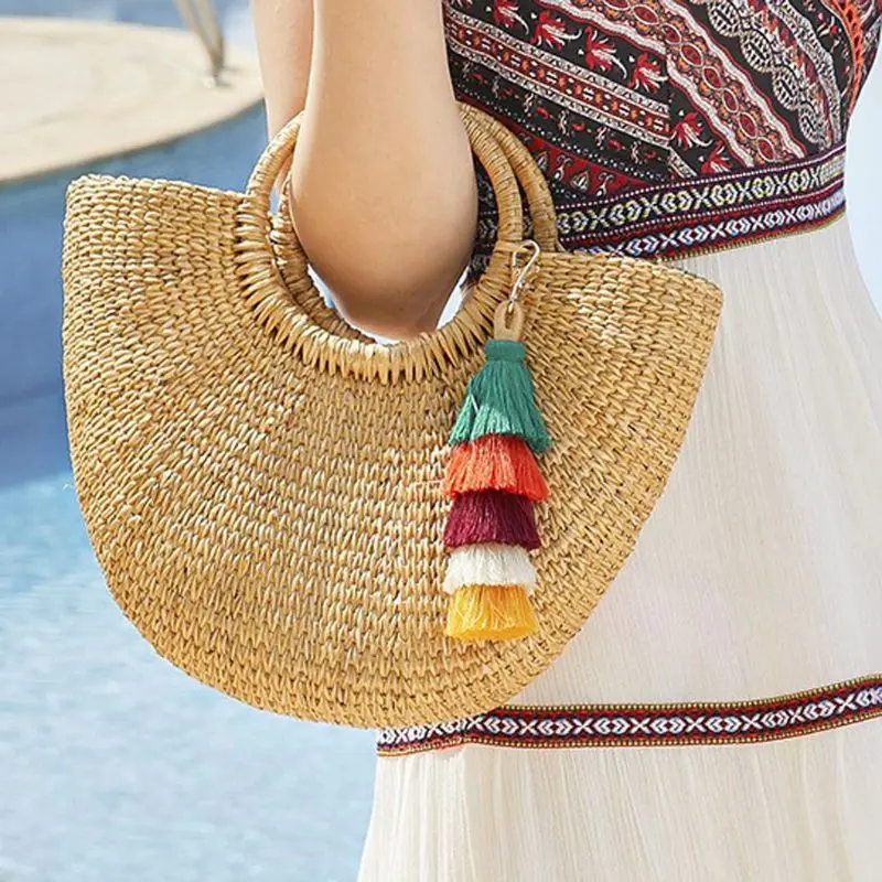 Handmade Women Colorful Boho Pom Pom Tassel Bag Charm Key Chain Fashion Jewerly 