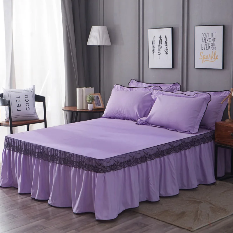 purple Нескользящая кружевная кромка гофрированная кровать юбка покрывало простыня покрывало изящное шлифованное однотонное покрывало королева король размер постельные принадлежности - Цвет: purple