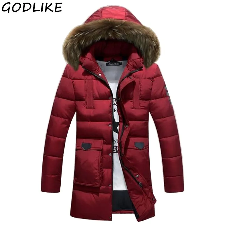 Зимняя мужская куртка-парка, Новое поступление, толстое теплое пальто, длинная куртка с капюшоном, меховой воротник, ветрозащитное Стеганое пальто, модное мужское - Цвет: win red