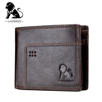 

LAOSHIZI Genuine Leather Slim Wallet For Men Bifold Short Wallet Cardholder Luxury Coin Purse Real Cow Leather