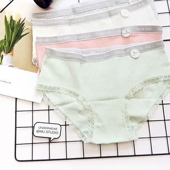 

lovely white, gray, pure-color letters, buds, threaded cotton, pure cotton sports women's triangle mid-waist underwear