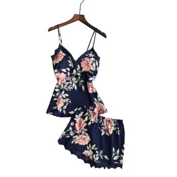 

Pajamas Women Spring and Summer New with Chest Pad Ice Simulation Silk Suspenders Shorts Two-piece Suit Korean Lace Home Service