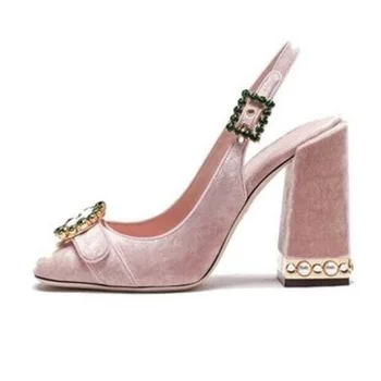 

Runway Rhinestone Buckle Toe Slingback Gladiator Sandals Sequins Leather Crystal Pearl Studs Chunky Heels Women Party Shoes