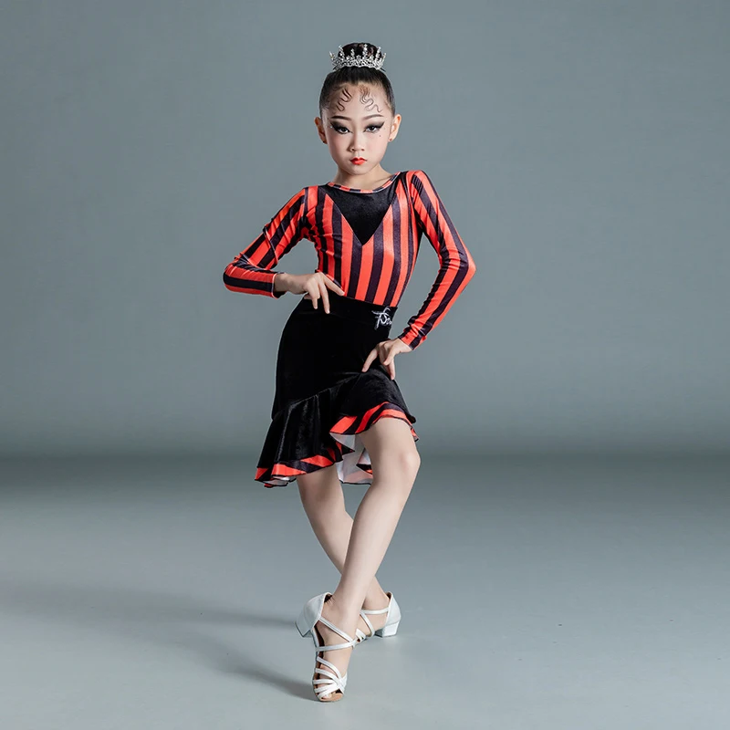 

New Latin Dance Dresses For Girls Velvet Latin Top Skirts Kids Ballroom Dance Competition Costume Stage Practice Clothes SL5661