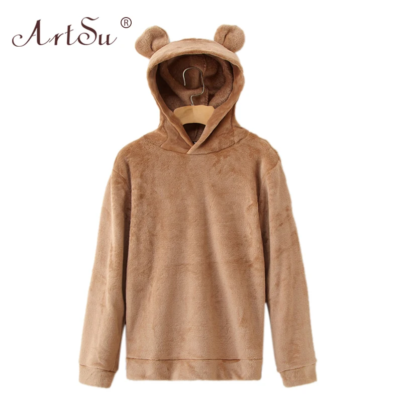 

ArtSu Preppy Lovely With Bears Ears Solid Teddy Hoodies Women Autumn Loose Pullovers Black Pink Campus Casual Sweatshirts XXL