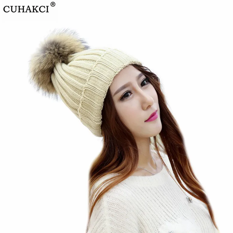 CUHAKCI Women girl Pom Beanie Warm Knitted Skullies Winter Beanies Crochet Cap Pompom Hat Wool Fur Knit Skullies Chapeu Feminino