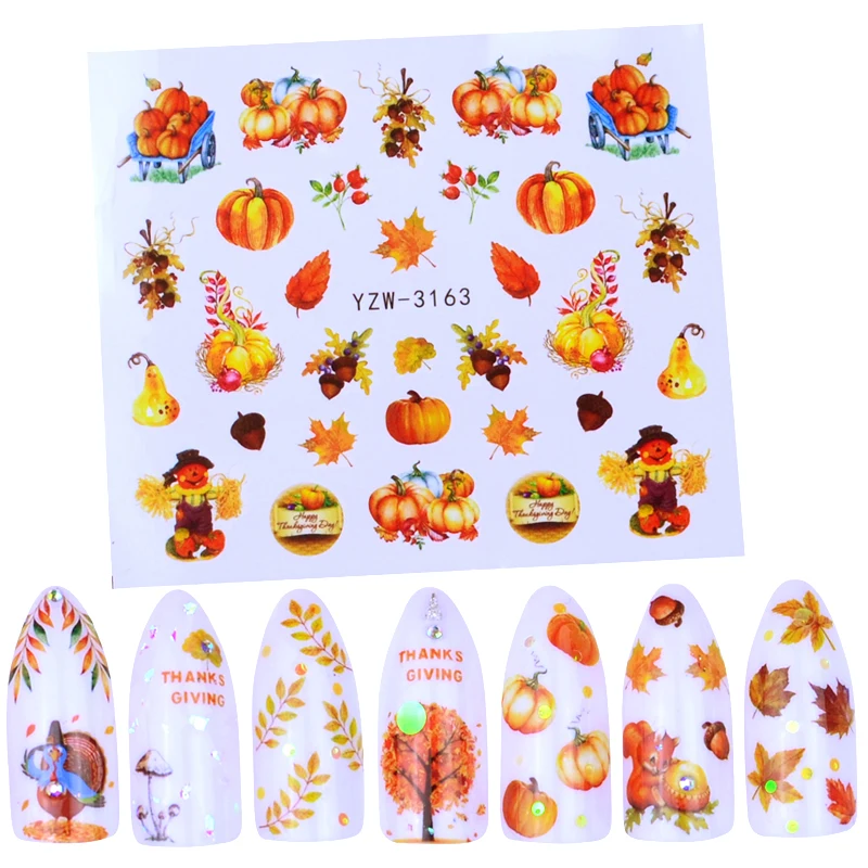 

1 Sheet Nail Stickers Maple Leaf Pumpkin Water Decal Yellow Leaves Autumn Pattern Sticker Nail Art Decoration Watermark Tattoos