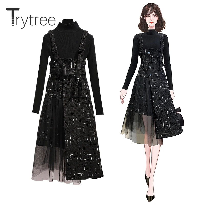 Trytree, Осенний Женский комплект из двух предметов, повседневная водолазка, однотонный черный топ+ платье, ремень, пуговица, пэчворк, комплект из 2 предметов