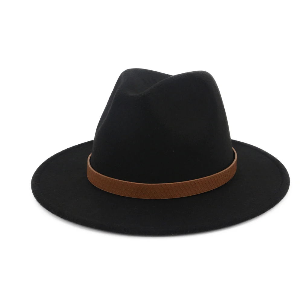 Black Новая мужская женская шерстяная шляпа Fedora с поясом с широкими полями чародейная шляпа Панама джазовая, шляпа шляпка для церкви размер 56-58 см - Цвет: Black