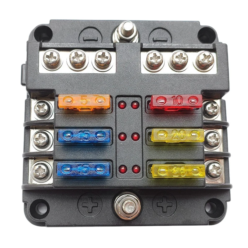 6 Way Fuse Box with Negative LED Lampfor Auto, RV, Car, Boat, Marine