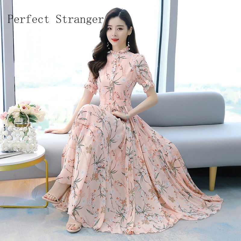 Vestido largo de gasa para prenda manga corta con cuello levantado y estampado de flores, gran oferta, y verano, 2021, M 4XL|Vestidos| - AliExpress