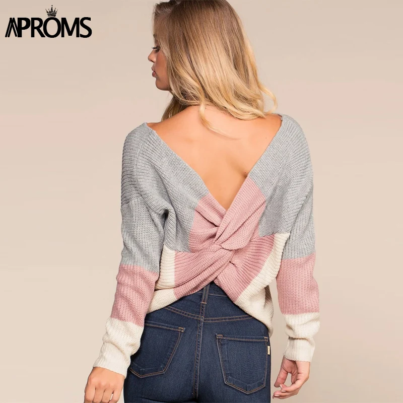 

Aproms Elegant Color Blocked Knitted Pullover Sweater Women Sexy Open Back Twisted Knitwear Winter Loose Knitting Pullovers 2019