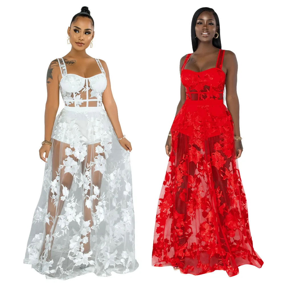 Summer Suit For Women Long Dress Suit Sexy Embroidered Sling Halter One-Piece + Skirt Two-Piece 2021 New Red Evening Dresses