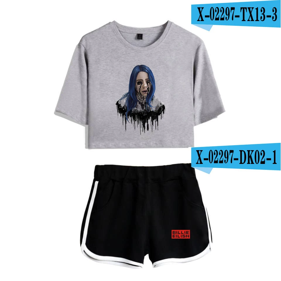 As Picture Popular new to Billie Eilish black short belly button T-shirt+ white shorts fashion women casual cotton girl two-piece - Цвет: As Picture
