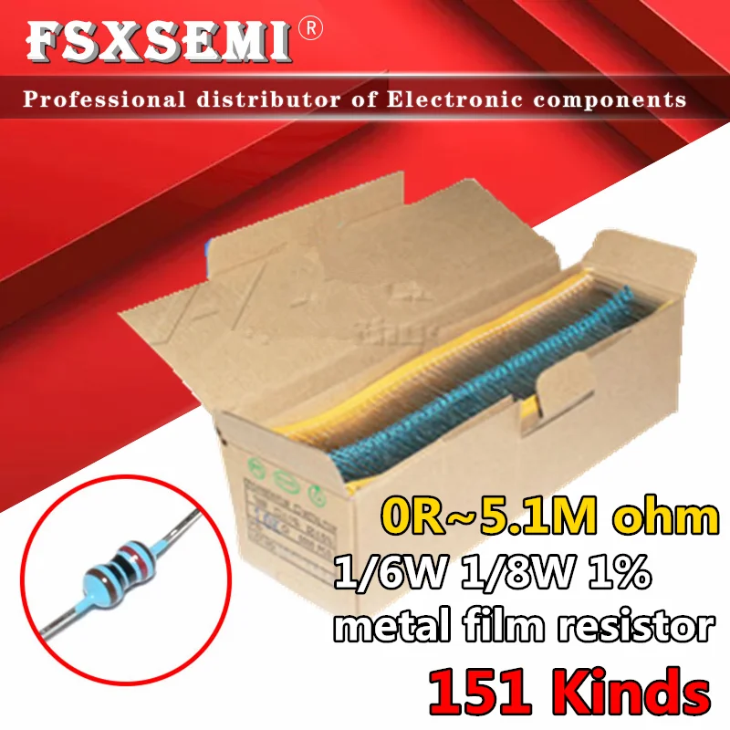1/6w 1/8w 0.125w 1% Metal film Resistor 1R~1M 0 2.2R 10R 22R 47R 51R 100R 150R 470R 1K 4.7K 10K 47K 1 2.2 10 22 47 51 100 100pcs