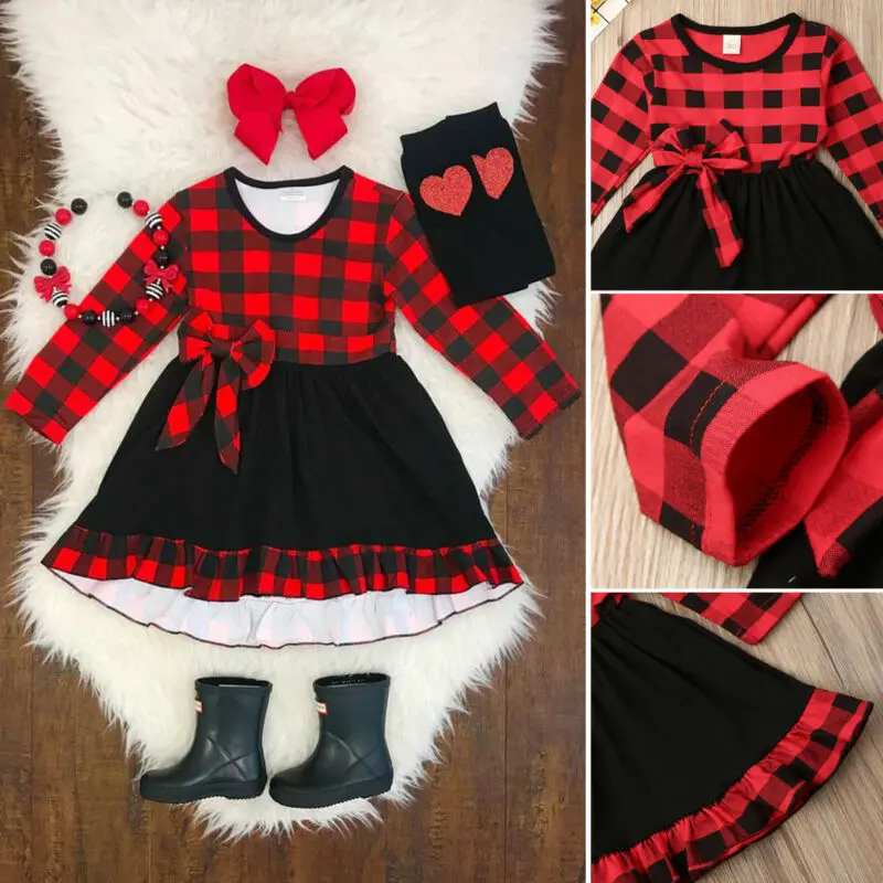 Emmababy симпатичная одежда для малышей преддошкольного возраста детская одежда для девочек на Рождество, рождественское платье с длинными рукавами и в клеточку с бантом вечерние платья платье-пачка для девочек; сезон осень