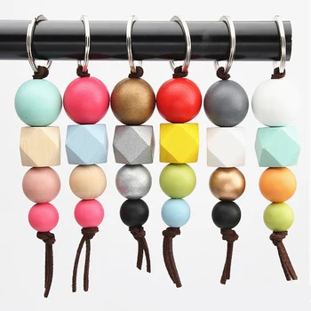 

New Fashion Multicolor Geometric Wood Beads Keychain For Bag Round Wooden Beads Kechains Gifts Bag Accessories