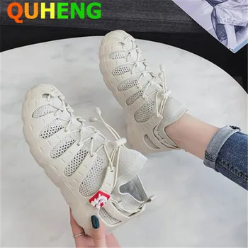 

New Women Sneakers Fashion Round Head Mesh Breathable Light Woman Shoes Rome Bandage Female Flat Vulcanized Shoes 2020 New