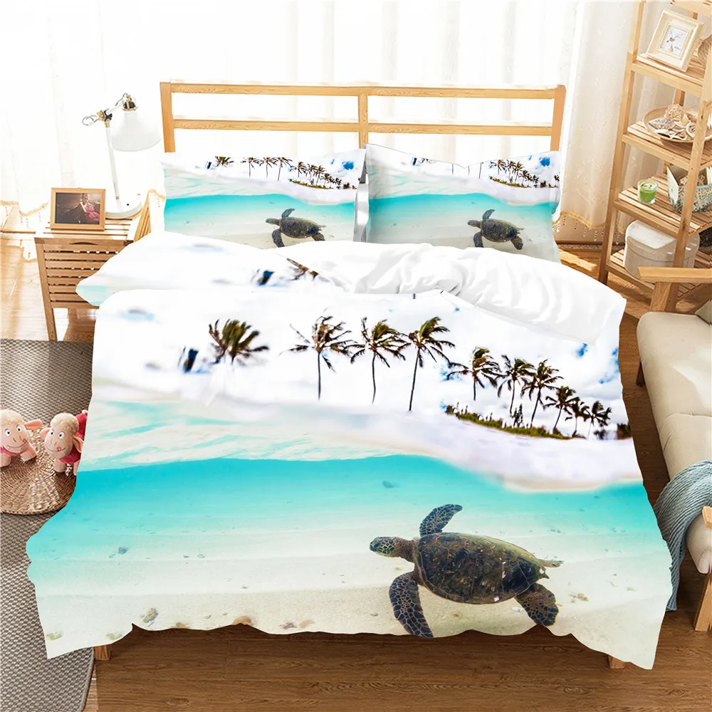 

King Size Bedding Set Sea Turtle Printed Home Textiles Beach Pattern with Pillowcases Bedroom Clothes Queen Couple Single Size