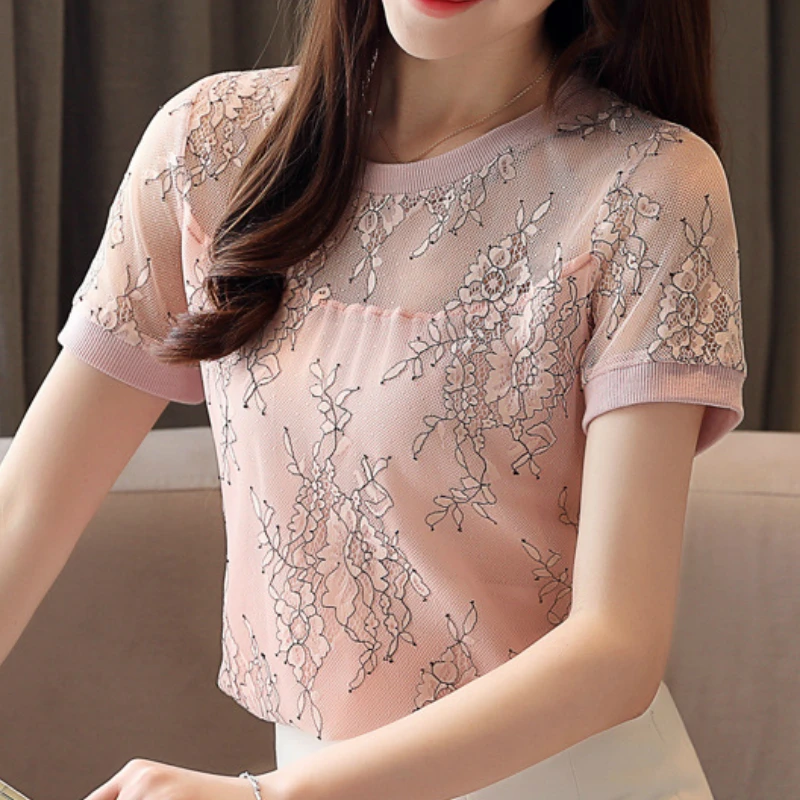 

Womens Tops and Blouses 2020 Pink Shirt Short Sleeve Hollow Mesh Ladies Tops Femme Women Shirts Summer Women's Blouses 1479-3
