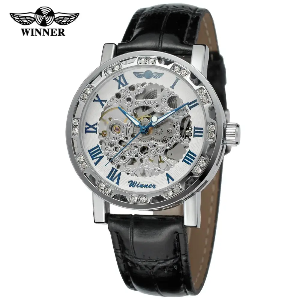 

WINNER Fashion trend men's and women's Wrist Watch With Diamonds black leather strap automatic mechanical wrist watch