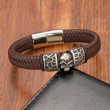 New Retro Style Skull Woven Leather Bracelet for Men Stainless Steel Magnetic Clasp Fashion Jewelry Bangles Gift