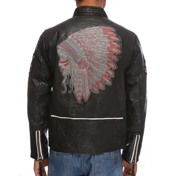 

Seveyfan Men's Embroidery Genuine Leather Jacket Black Motorcycle Biker Real Cowhide Leather Jacket for Male R3075