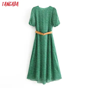 

Tangada fashion women leopard print green dress with belt 2020 new arrival Long Sleeve Ladies chiffon midi Dress 6A09