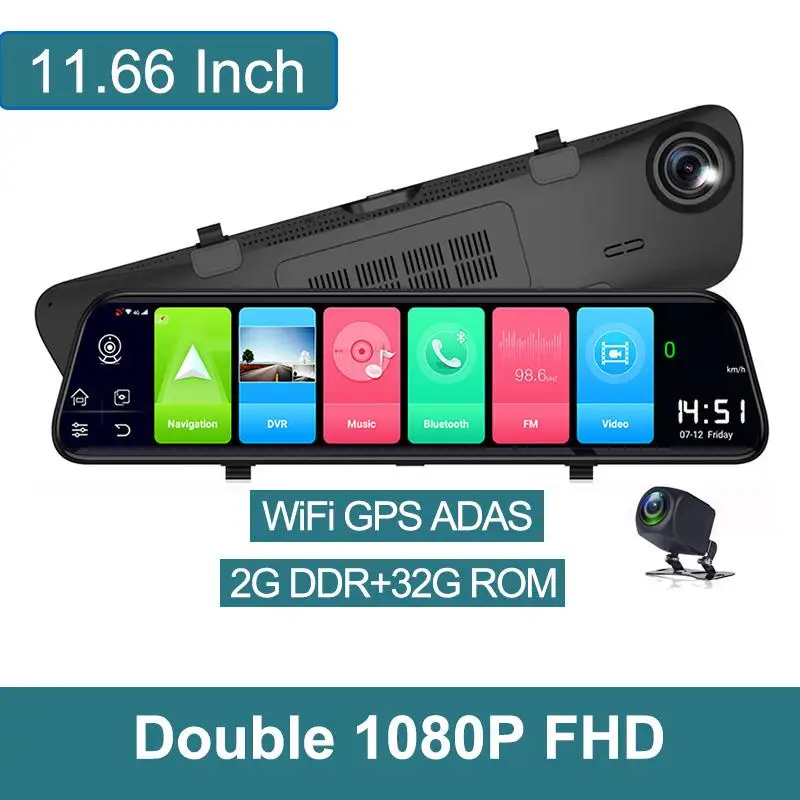 11,66 дюймов ADAS Dash Cam Android 8,1 Автомобильный видеорегистратор Камера gps навигация Bluetooth FHD видео рекордер 4G Wifi скорость DVR зеркало