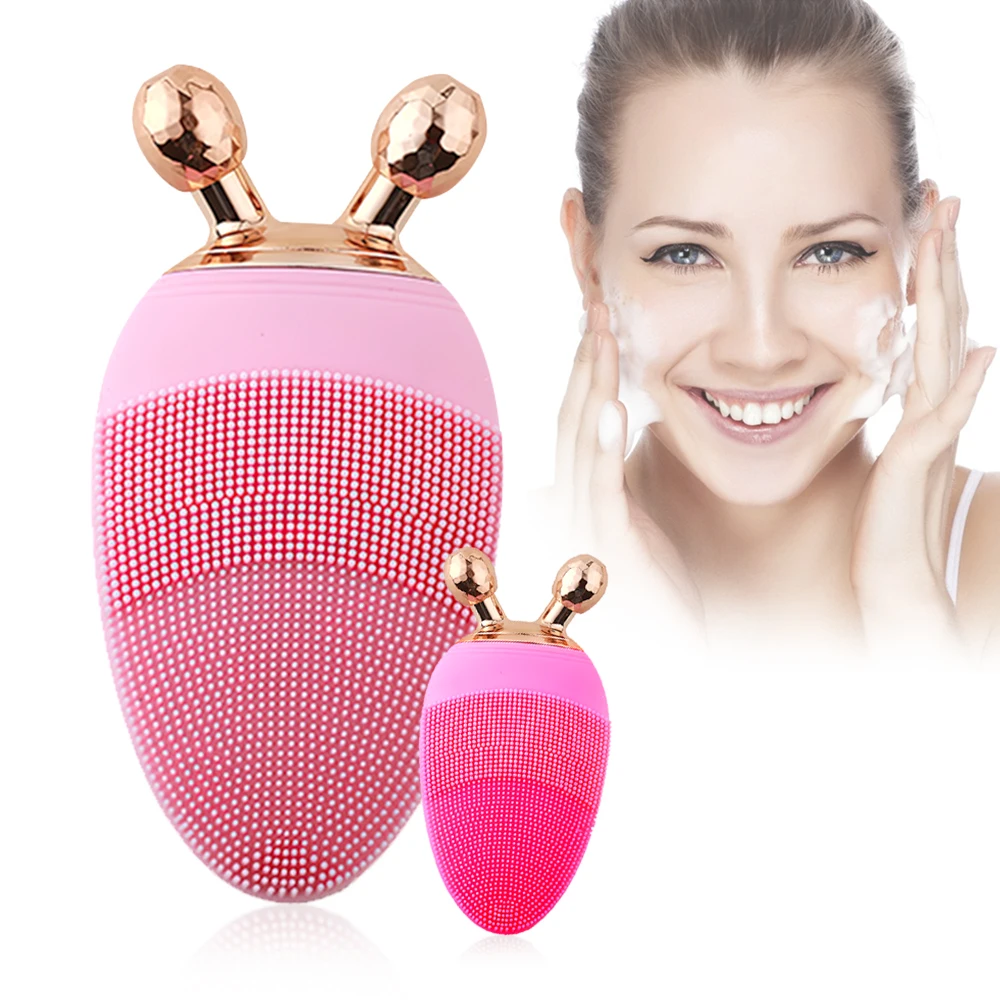 2 In 1 Mini Electric Facial Cleansing Brushes Ball Roller Massager Rechargeable Silicone Sonic