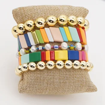 

Shinus Rainbow Metal Enamel Tile Bracelet Fashion Girls Bracelets Pearl Jewelry 2020 Gold Color Bead Jewellery Stretch Bangles