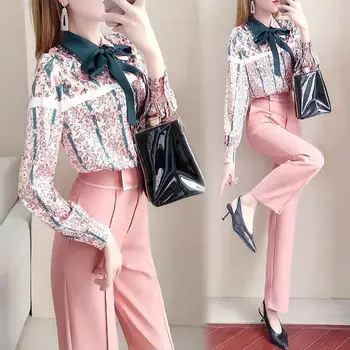 

2 Piece Set Women Spring and Autumn Printed Chiffon Blouses Crop Top + Casual Pants Two Piece Outfits Conjunto Feminino WF305