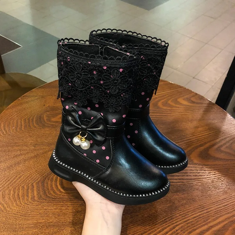 Mudipanda/зимние сапоги для девочек; bota; модная обувь с кружевом; цвет розовый, красный, черный; теплые зимние ботинки на плоской подошве для детей; детские зимние ботинки; Новинка для детей - Цвет: BLACK