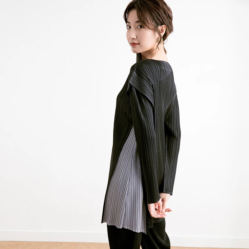 Ruffled long sleeve elastic new style thicker style Miyake small crowd design sense T-shirt free shipping
