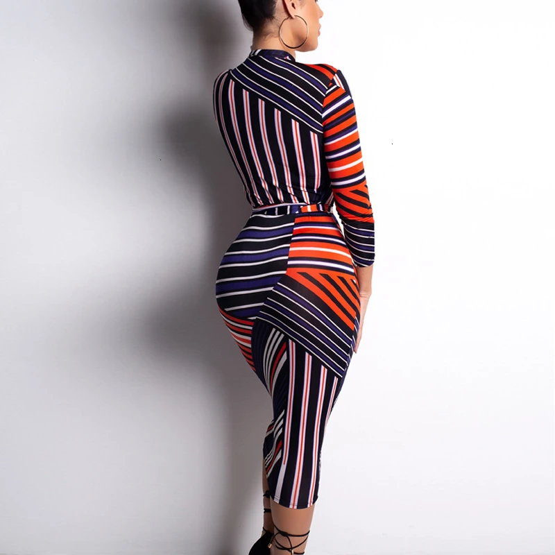 Geometric Striped Pencil Dress Women Robe Sexy Zipper Up Bodycon Midi Dresses Autumn Long Sleeve Skinny Vintage Vestidos