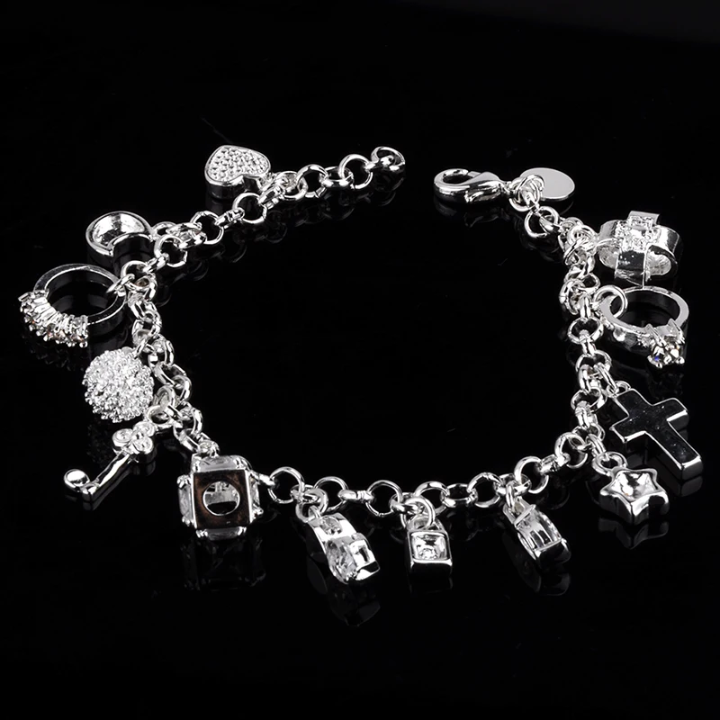 

New Arrivial Women Sweet 13 Pendants Rings Hearts Cross Star Silver Plated Cuff Bangle Hand Chain Fashion Jewelry for women gift