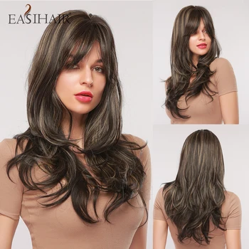 

EASIHAIR Long Brown Ombre Women's Highlights Wigs with Bangs Wave Synthetic Hair Wigs Daily Cosplay Heat Resistant Wig