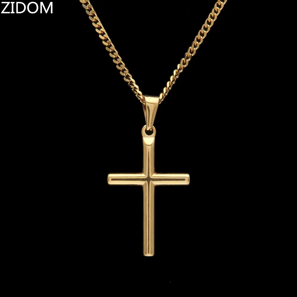 Silver/Gold Color Stainless Steel Cross Pendant Necklaces for Men Punk Retro Style Long Sweater Chain Fashion Jewelry Gift,Gold with Chain
