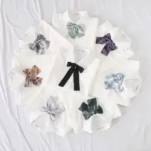 

Women Summer Blouses Shirt Short Sleeve Solid White Tops With Tie Bow Japanese Korean JK Style Female Shirts Lapel For Girl