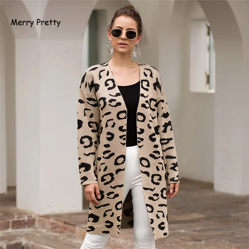 Merry Pretty, Леопардовый принт, женские кардиганы, осень, длинный рукав, вязаный свитер, женское длинное пальто, открытая стежка, вязаная верхняя одежда, S-XL