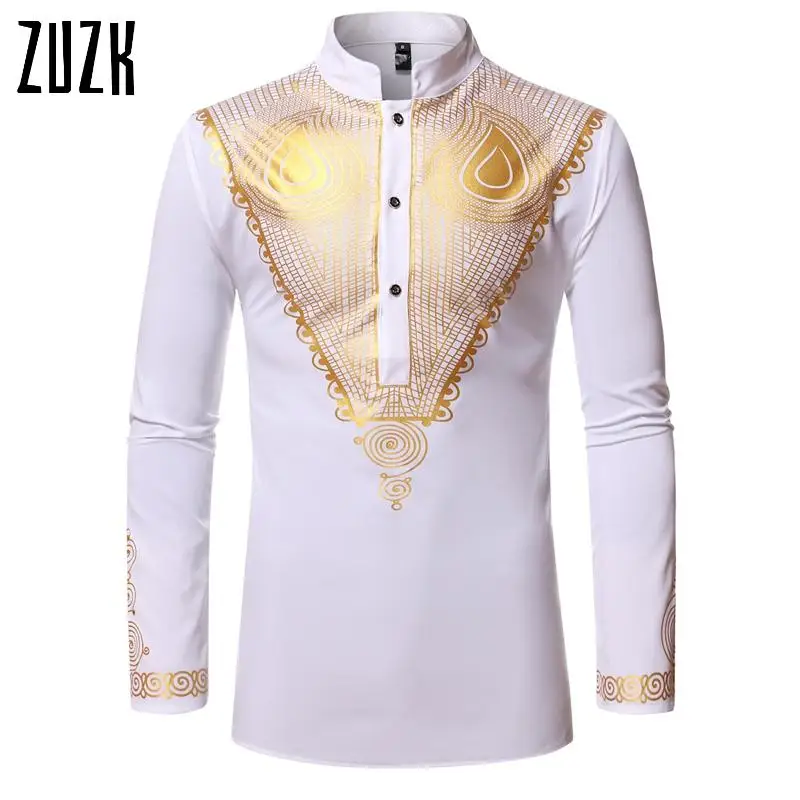 Рубашка мужская оверсайз с золотистым принтом Роскошная блуза металлическим