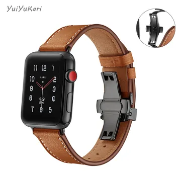 

Genuine Leather For Apple Watch Band 4 (iwatch 5) 44mm 40mm applewatch 3 2 1 strap 42mm 38mm Butterfly Clasp Wrist Bracelet