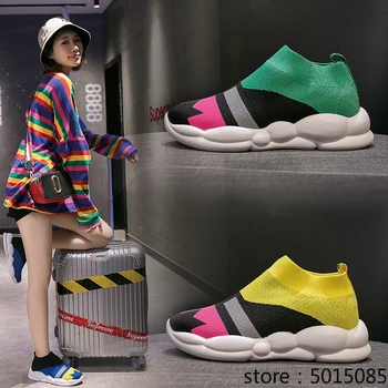 

Women Shoes Knitting Sock Fashion Sneakers Autumn New Flyknit Slip On Mixed Colors Flat Woman Loafers Walking Non-slip