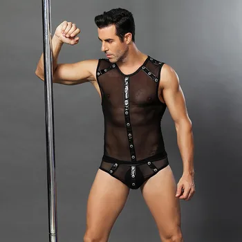 

Men Lingerie Bodysuit Sexy Black Mesh Bar Club Dance Party Transparent Bodysuits Male Sharpwear Body Suit