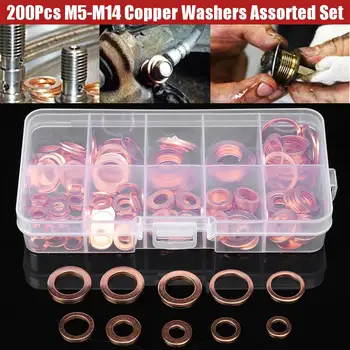 

200pcs M5-M14 Professional Assorted Copper Washer Gasket Set Flat Ring Seal Assortment Kit with Box For Hardware Accessories