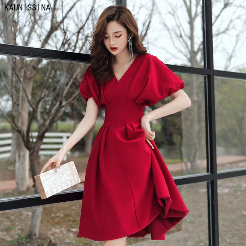 Kakissina Vestidos de Vintage para mujer, ropa Formal de manga corta con cuello en V, de corte en color liso, para fiesta de bienvenida| Vestidos de cóctel| - AliExpress