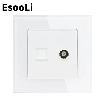 

Esooli White Luxury Crystal Glass Panel RJ45 Internet Data Computer Jack Connector With Female TV Outlet Wall Socket